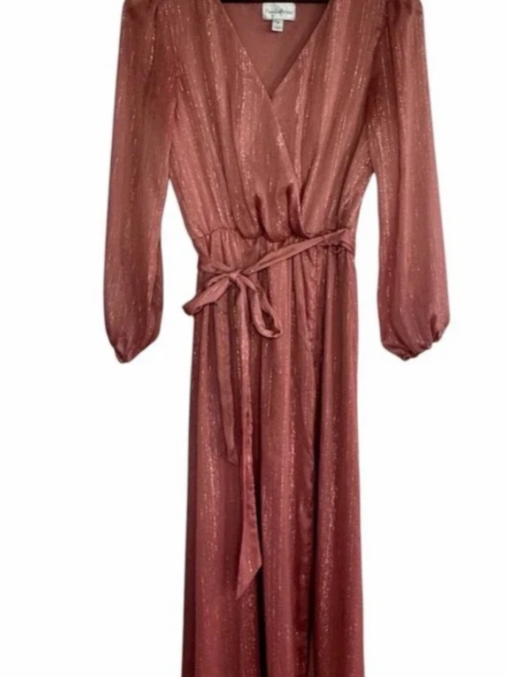 Long Sleeve Metallic Wrap Maxi Dress in Rose Copper